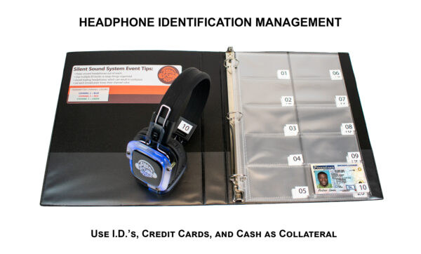 Headphone Management Binder with ID in one slot of the binder pages