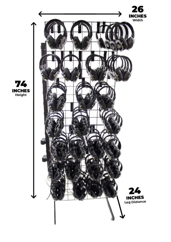 image of headphone charging rack with headphones on it along with measurements describing the height as 74 inches, the width as 26 inches, and the depth as 24 inches