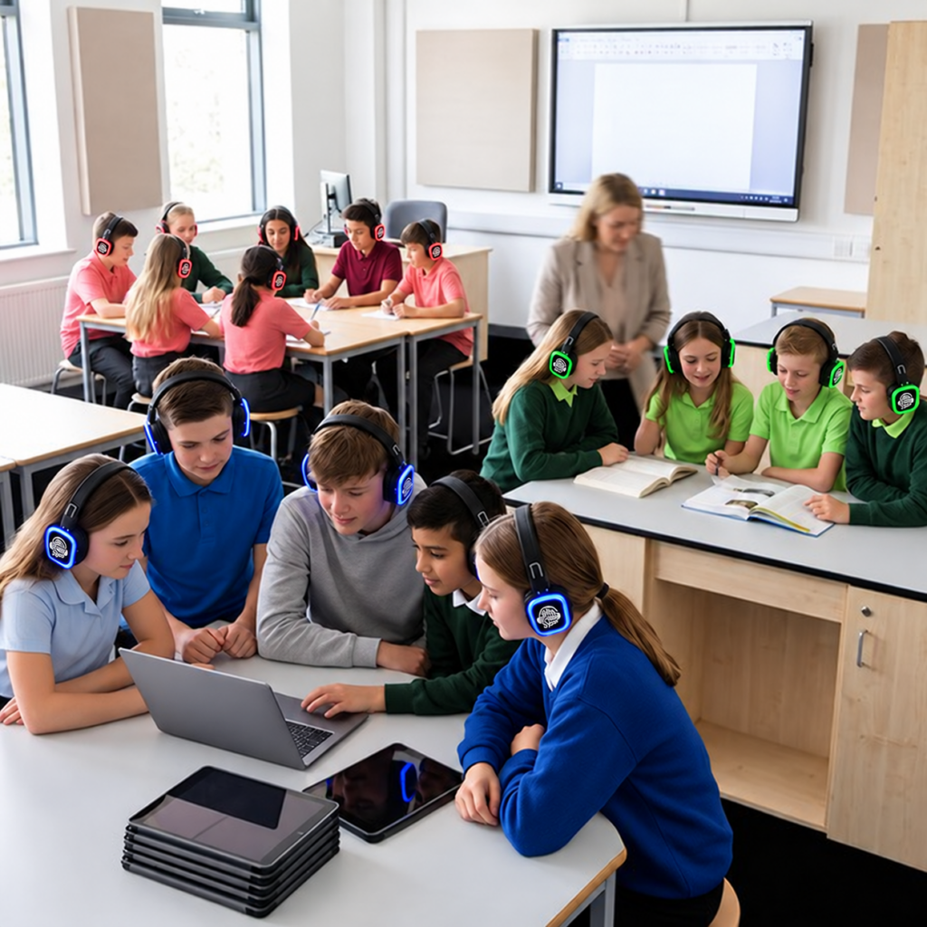 Logo-free classroom, headphones preserved